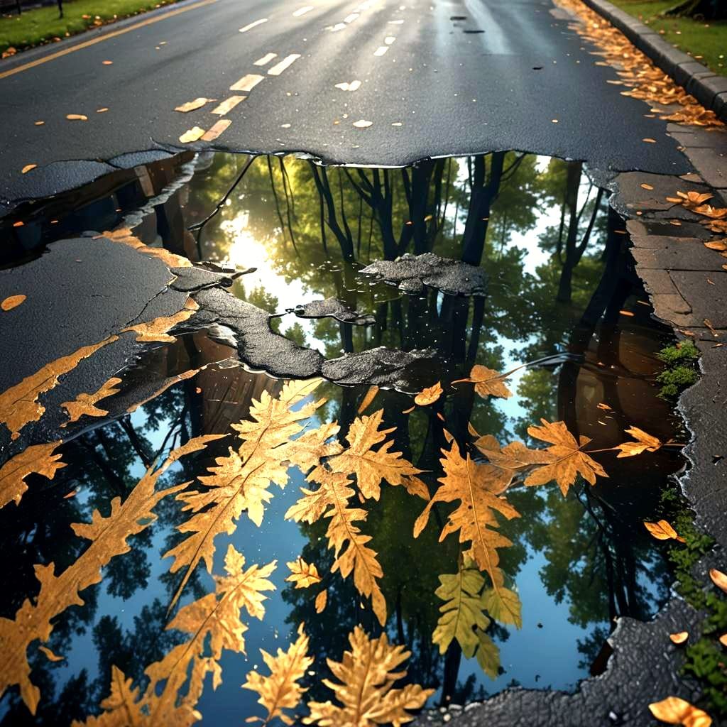 Forest Reflection in City Puddle: Detailed Matte Painting