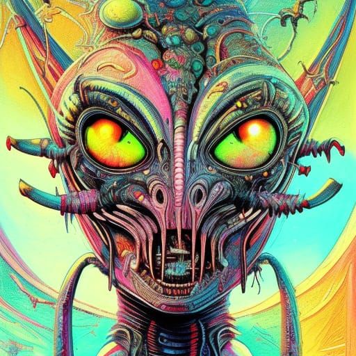 Feline Alien Licking Mandibles in Neon Sci-Fi Style