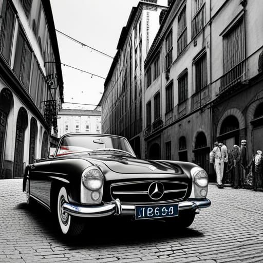 Vintage Red Mercedes in Rome, Black and White