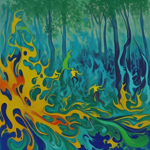 Boys Chase Fate in Vibrant, Surreal Forest Landscape