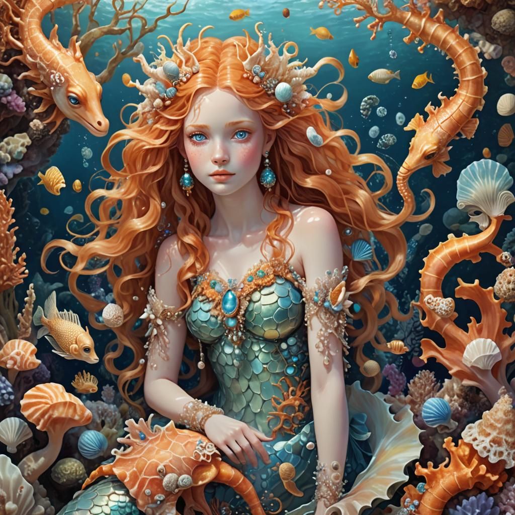 Sea Goddess in Coral Reef, Anime Style