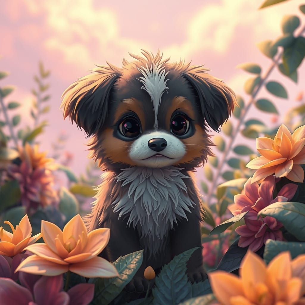 Whimsical Doggy in Vibrant Fantasy Landscape