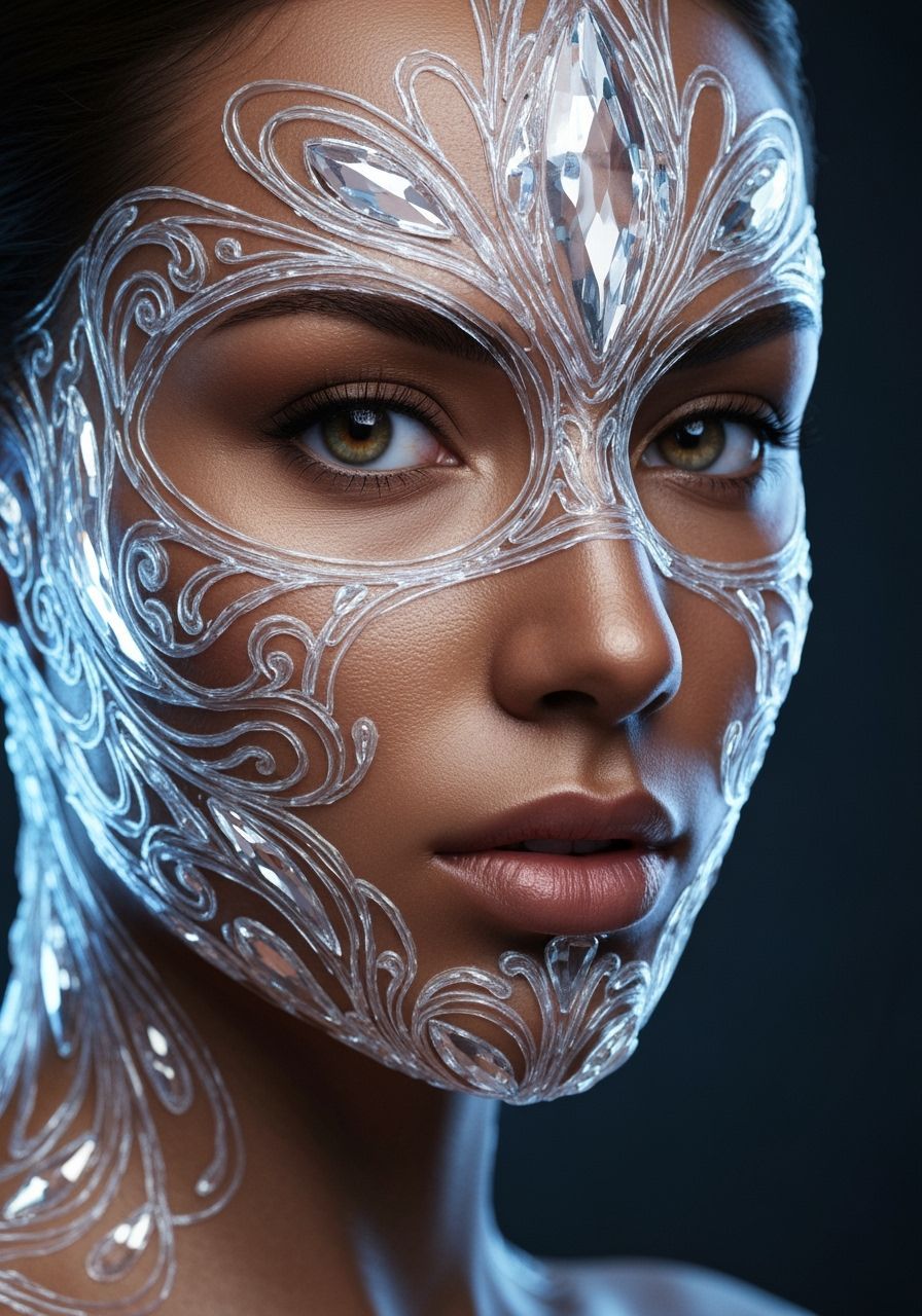 Woman in Venetian Crystal Mask, Bioluminescent Fantasy Style