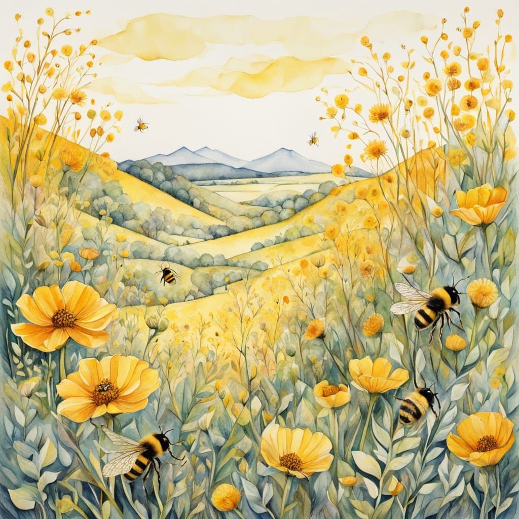 Whimsical Botanical Illustration of Honey Bees in a Sunny Me...
