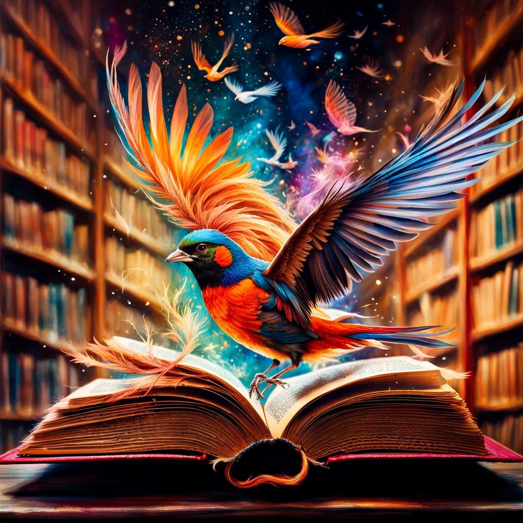 Birds Fly From Fairytale Book in Library