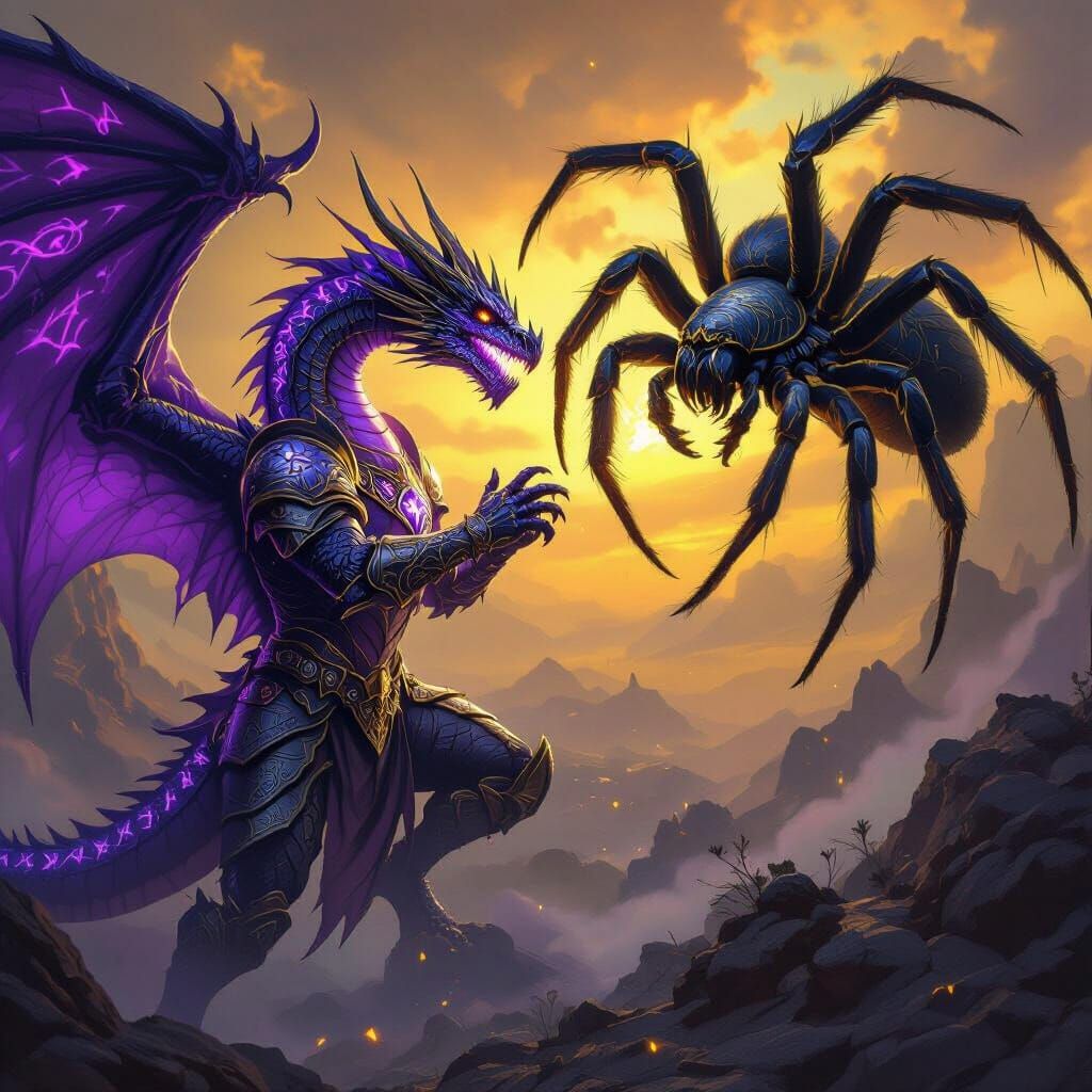 Silver Dragon Battles Giant Tarantula in Dark Fantasy Art