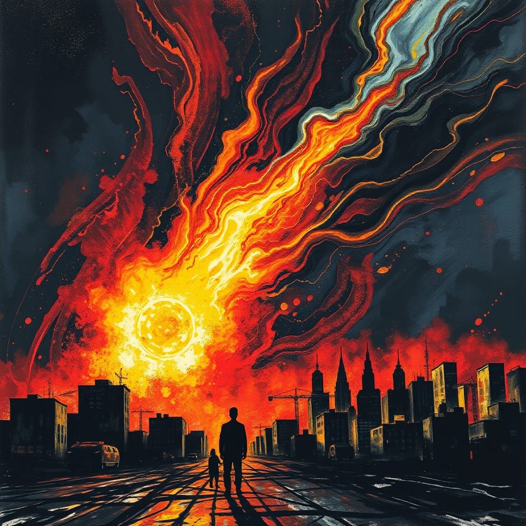 Apocalyptic Comet Over Cityscape in Batik Style