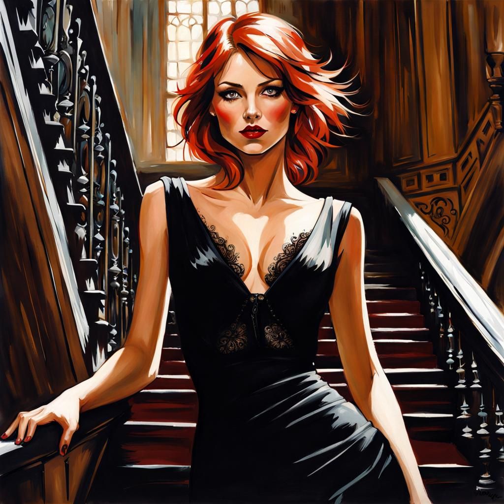 Hazel-Haired Woman on Paris Stairs in Gothic Art Style