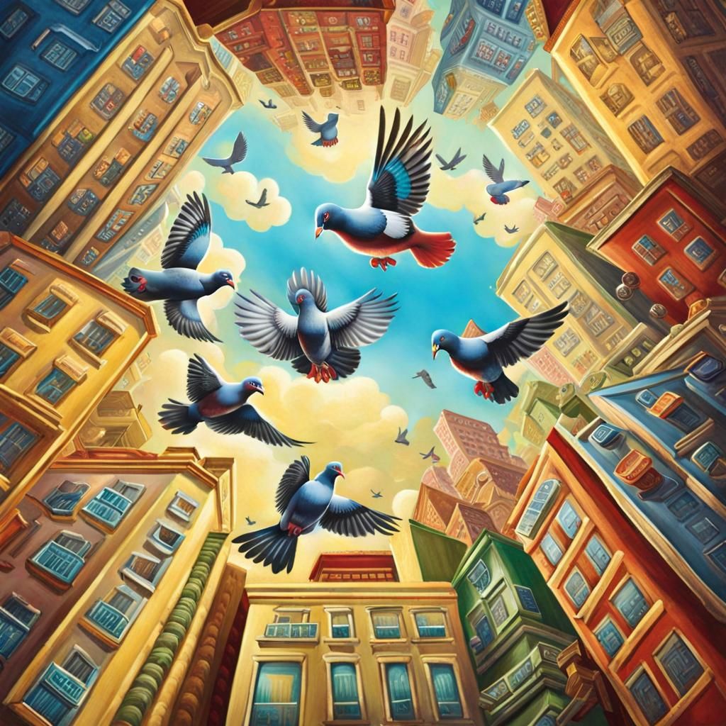Upside-Down Pigeon Town in Springtime Fantasy