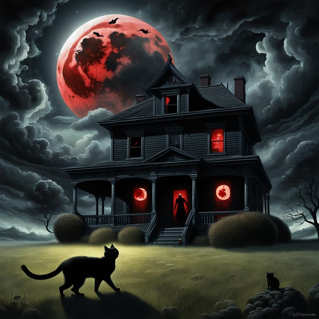 Haunted House with Shadow Demons and Black Cat