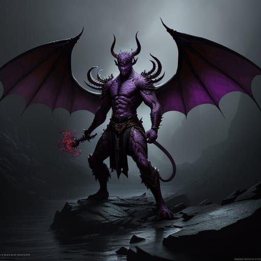 Hyperrealistic Tiefling with Dragon Wings in Moody Lighting