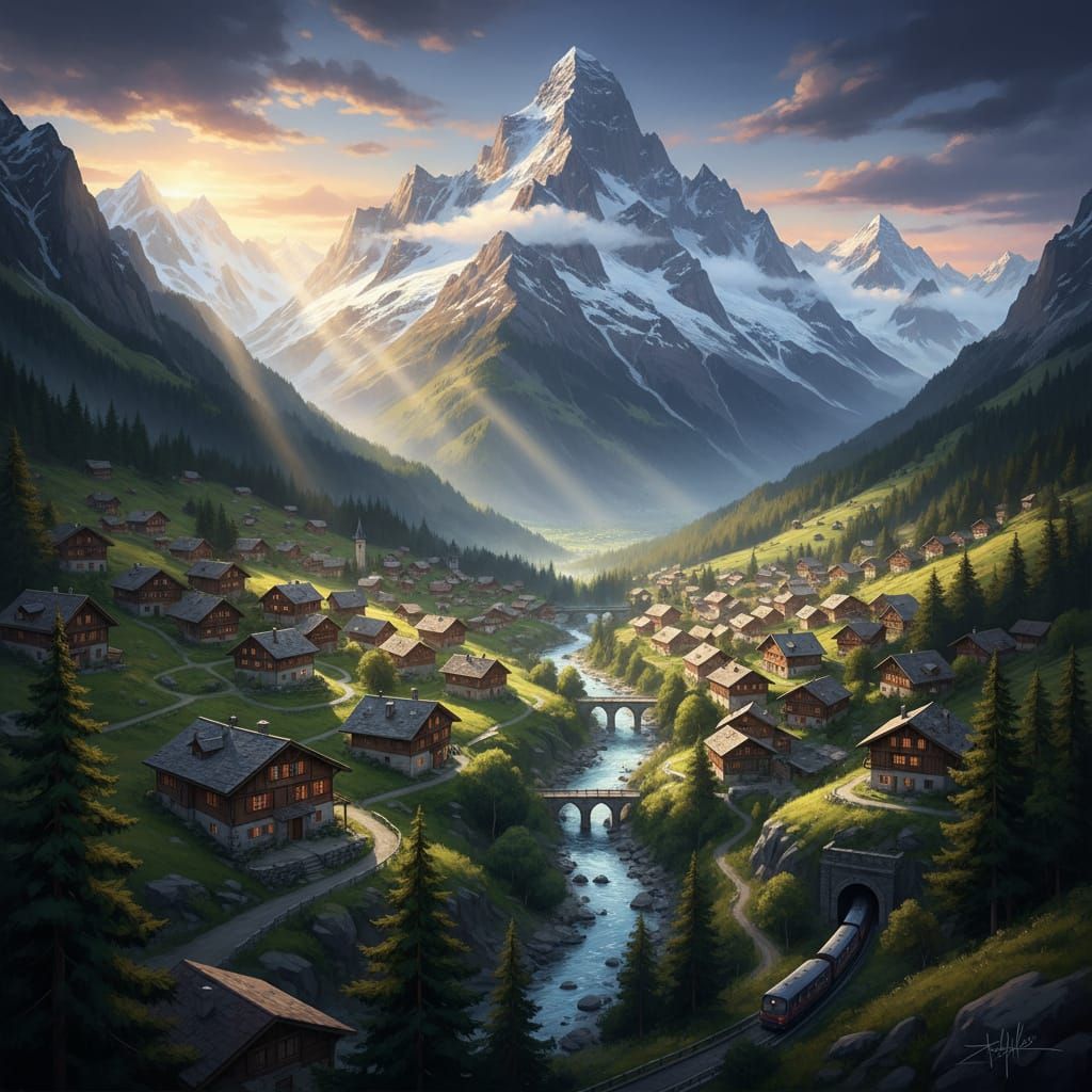Scenic Swiss Alps Village Digital Matte Painting