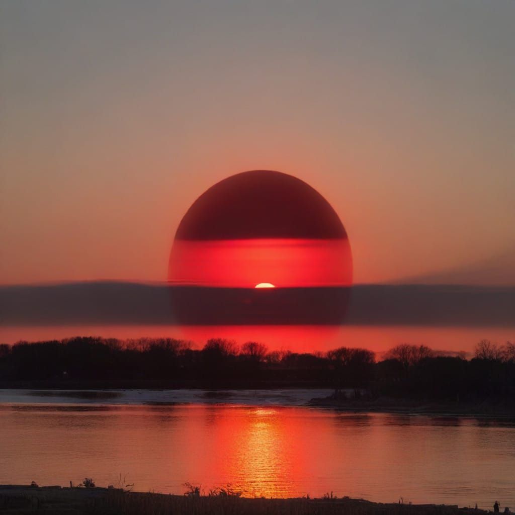 Vibrant Dawn Ignites the Copper Red Sun in a Double Exposure
