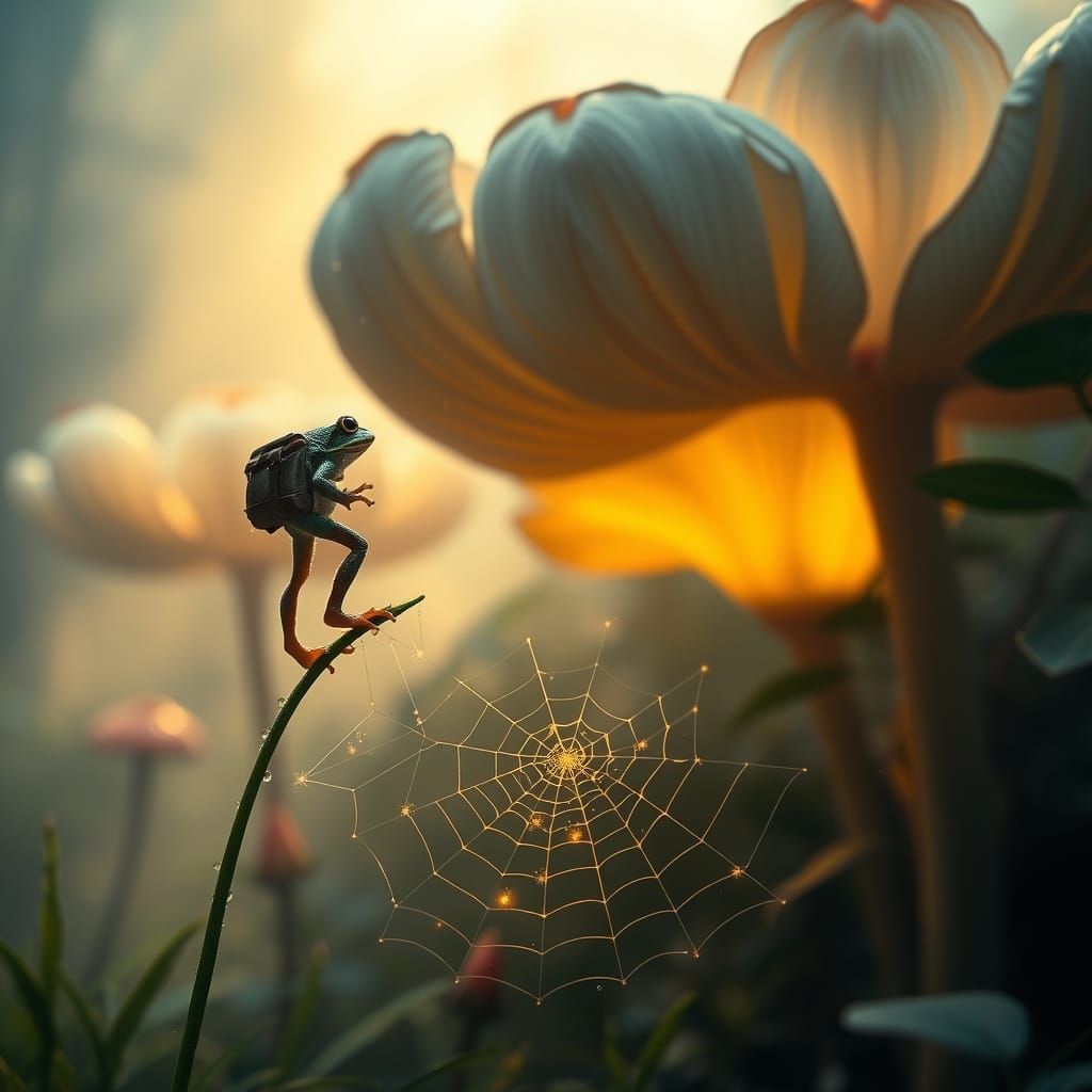 Tiny Frog Embarks on Whimsical Mushroom Forest Adventure