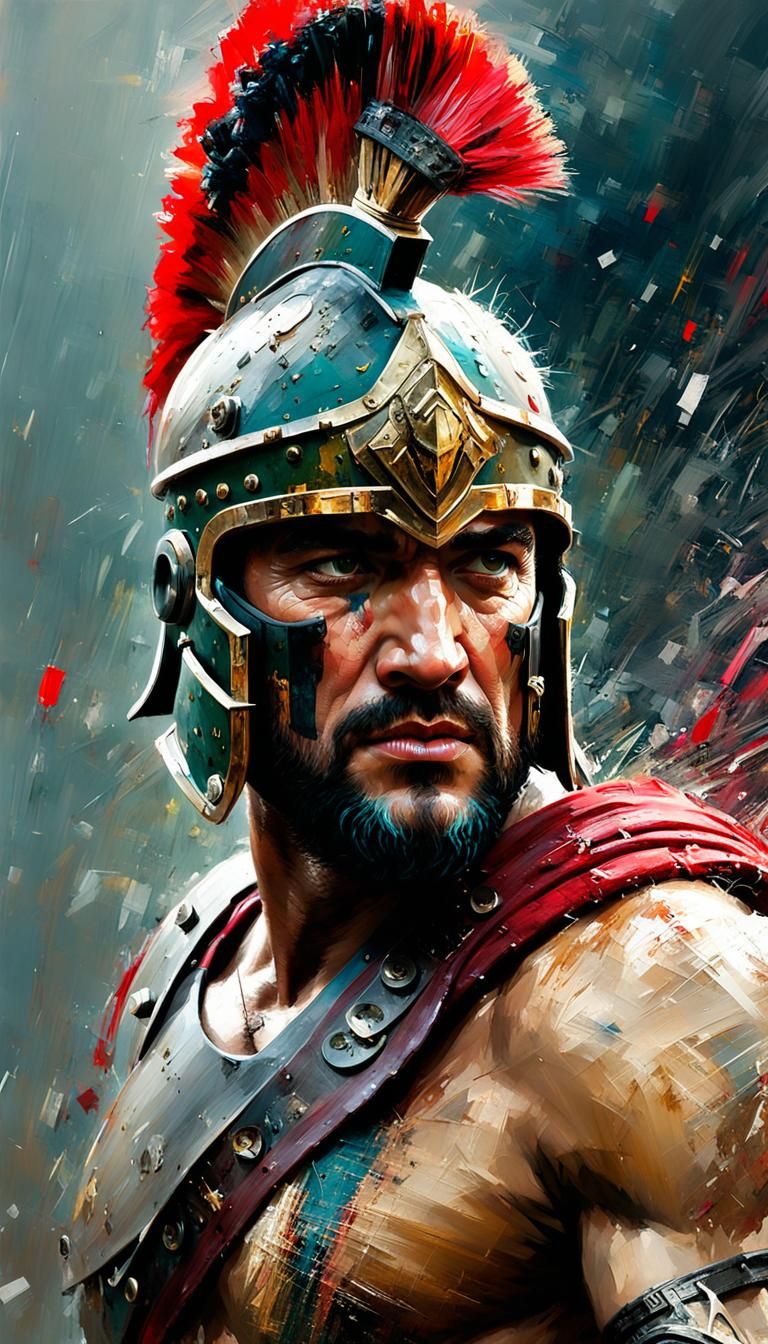 Powerful Spartan Warrior in Detailed Oil Painting Style