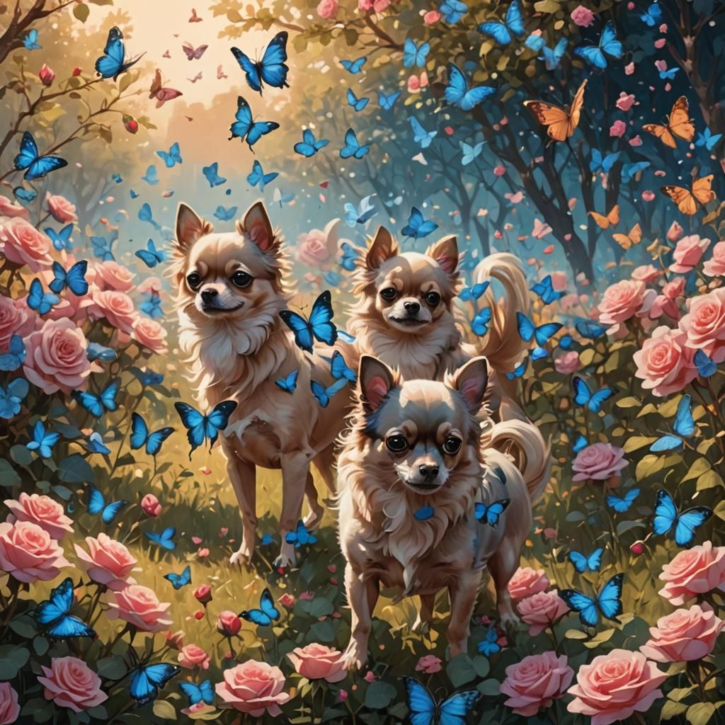 Anime Chihuahua in Rose Field with Butterflies