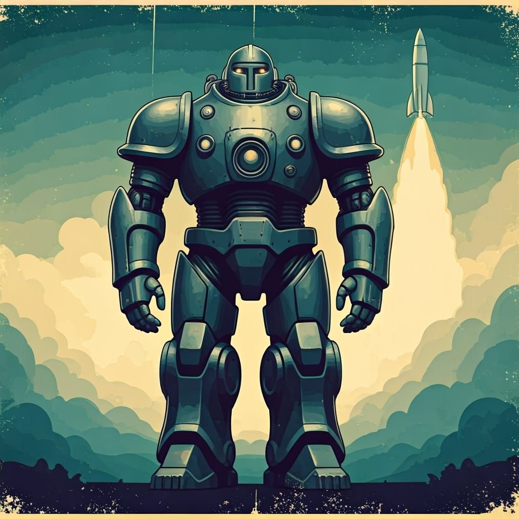 Retro Robot Poster in Industrial Futurism Style