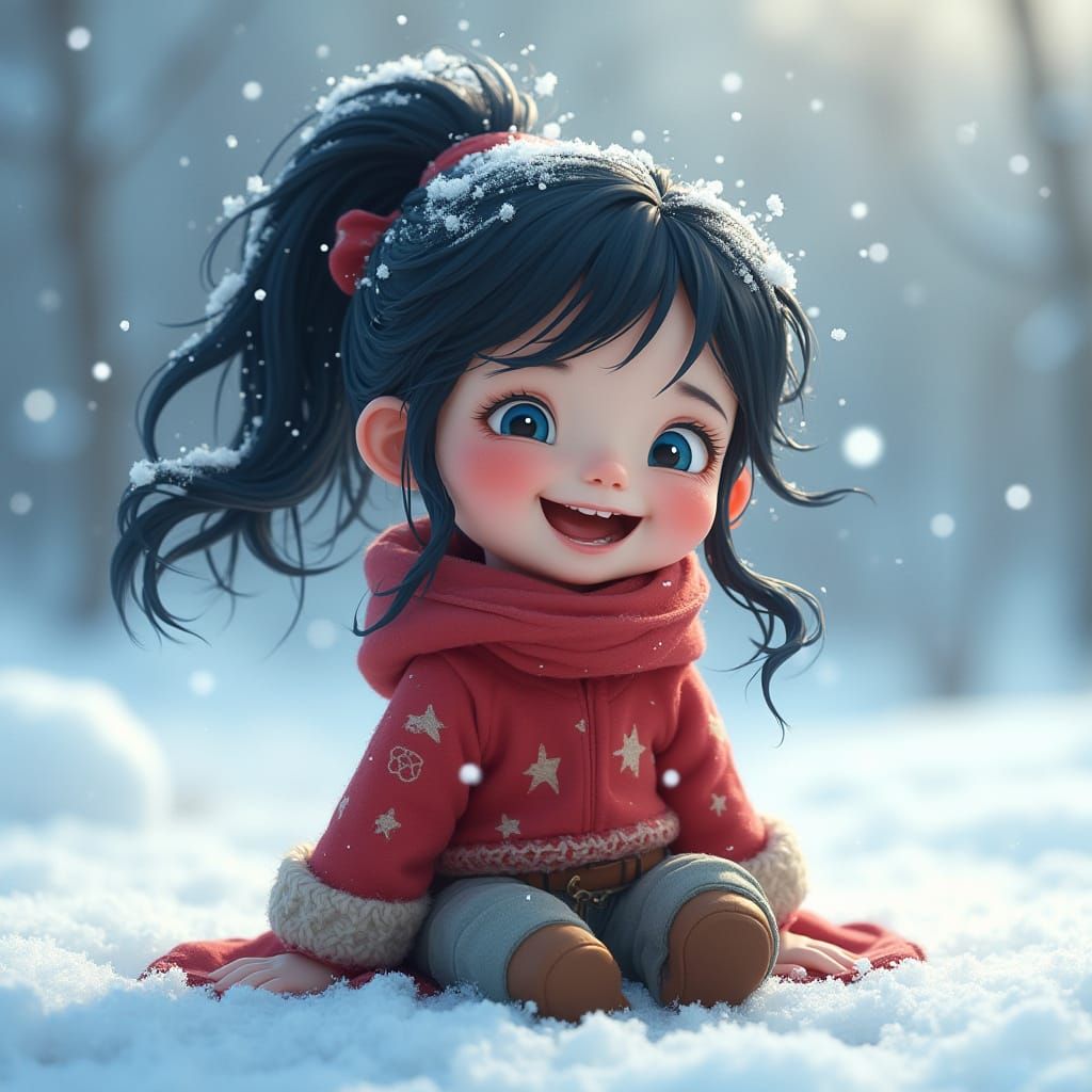 Happy Girl in Snowy Winter Wonderland, Miyazaki Style