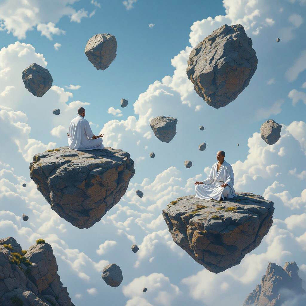 Ascetics Meditating on Floating Rocks in Fantasy Sky