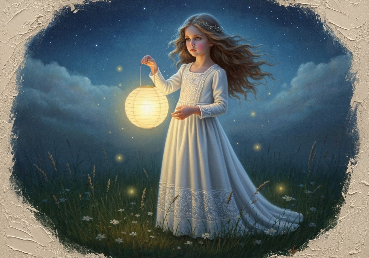 Child with Lantern in Meadow Oil Painting