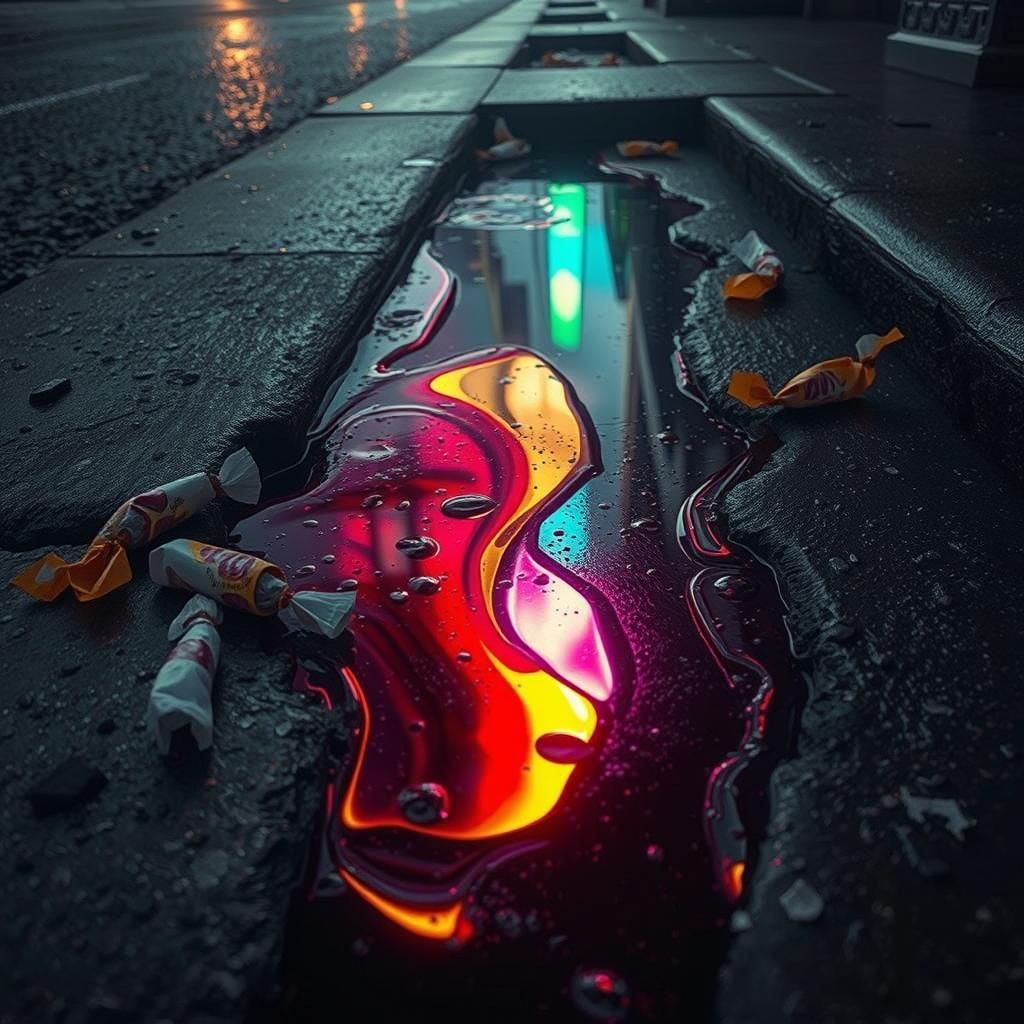 Iridescent Oil Slick Gutter in Grimy Street