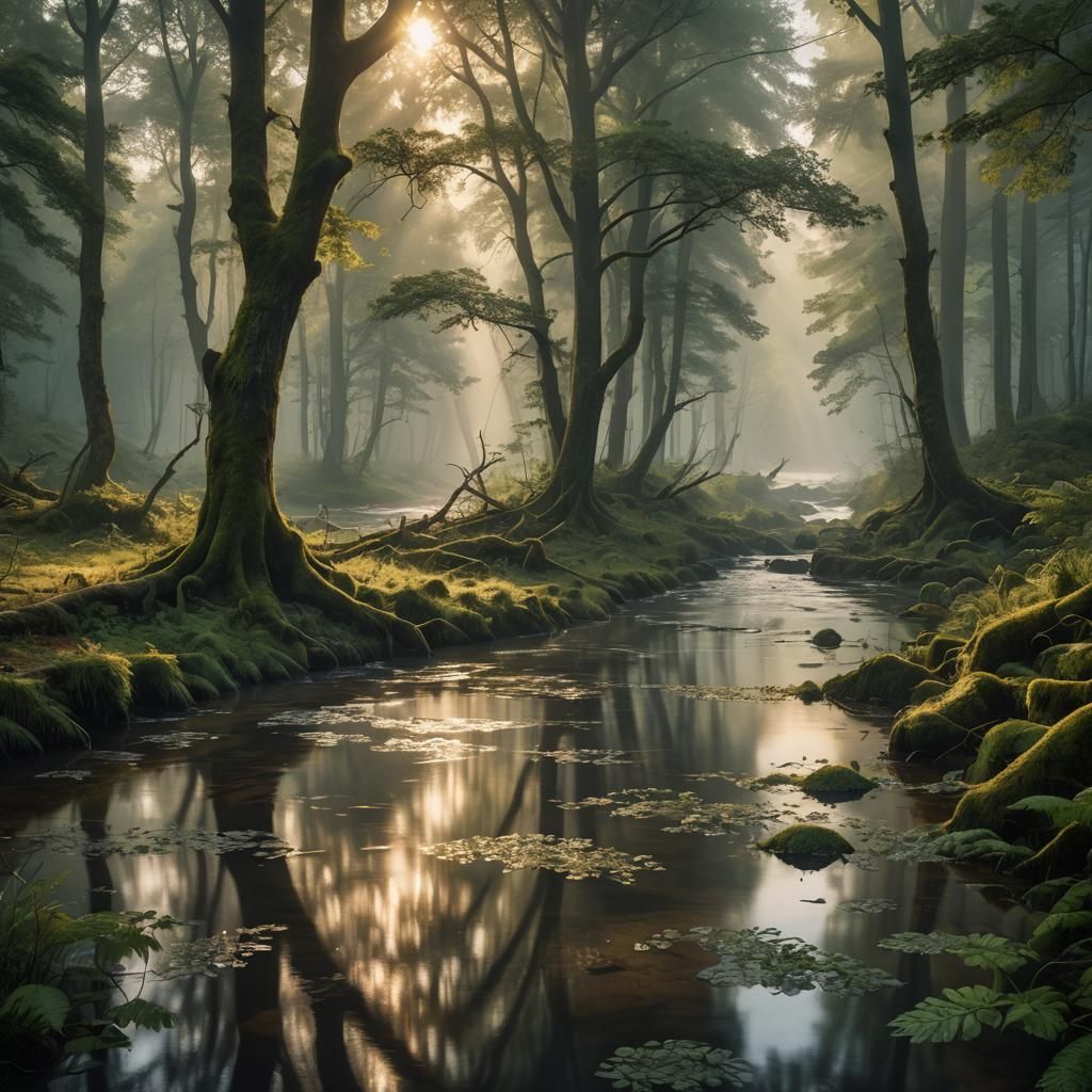 Serene River Flowing Through Forest at Dawn