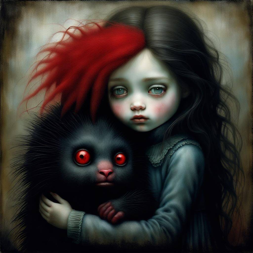 Girl Snuggling Fuzzy Beasts in Dark Surrealist Style