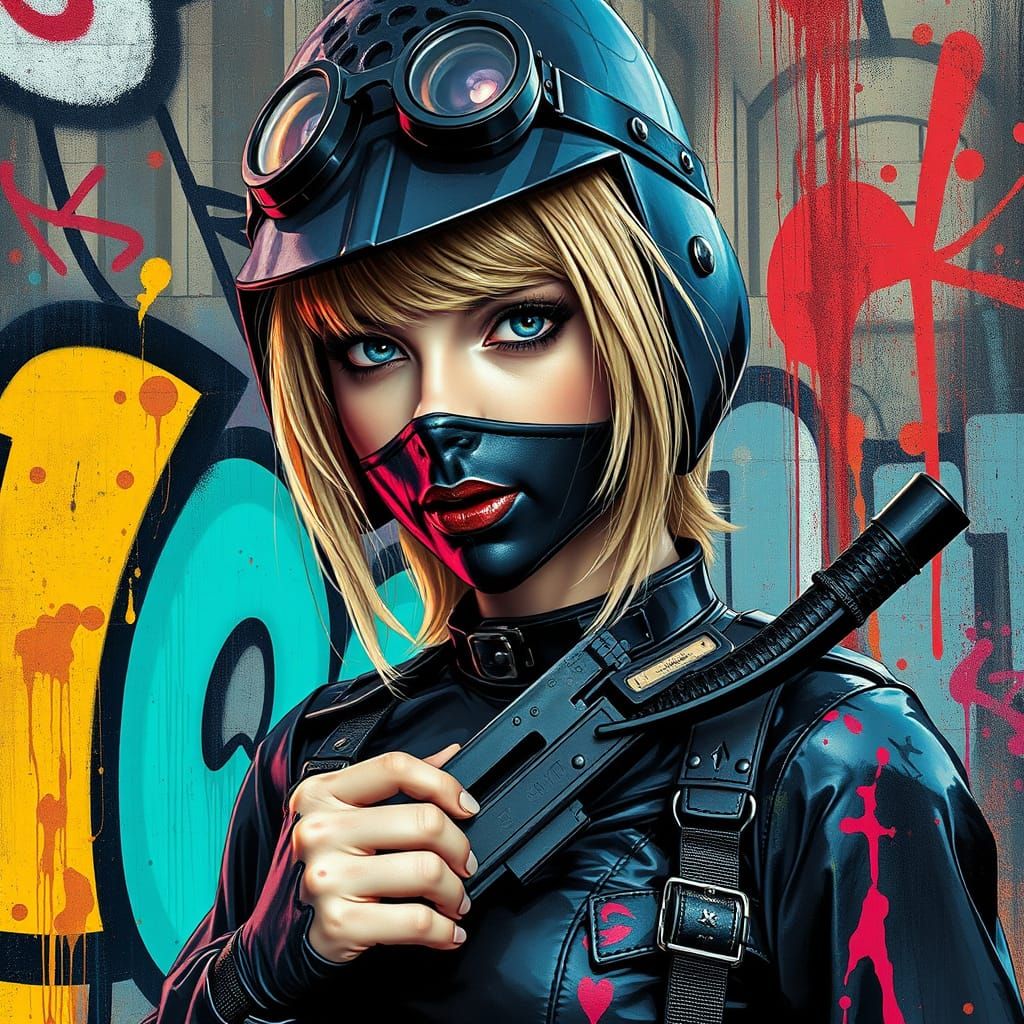Taylor Swift as a Gothic Prison Guard in Vibrant Graffiti St...