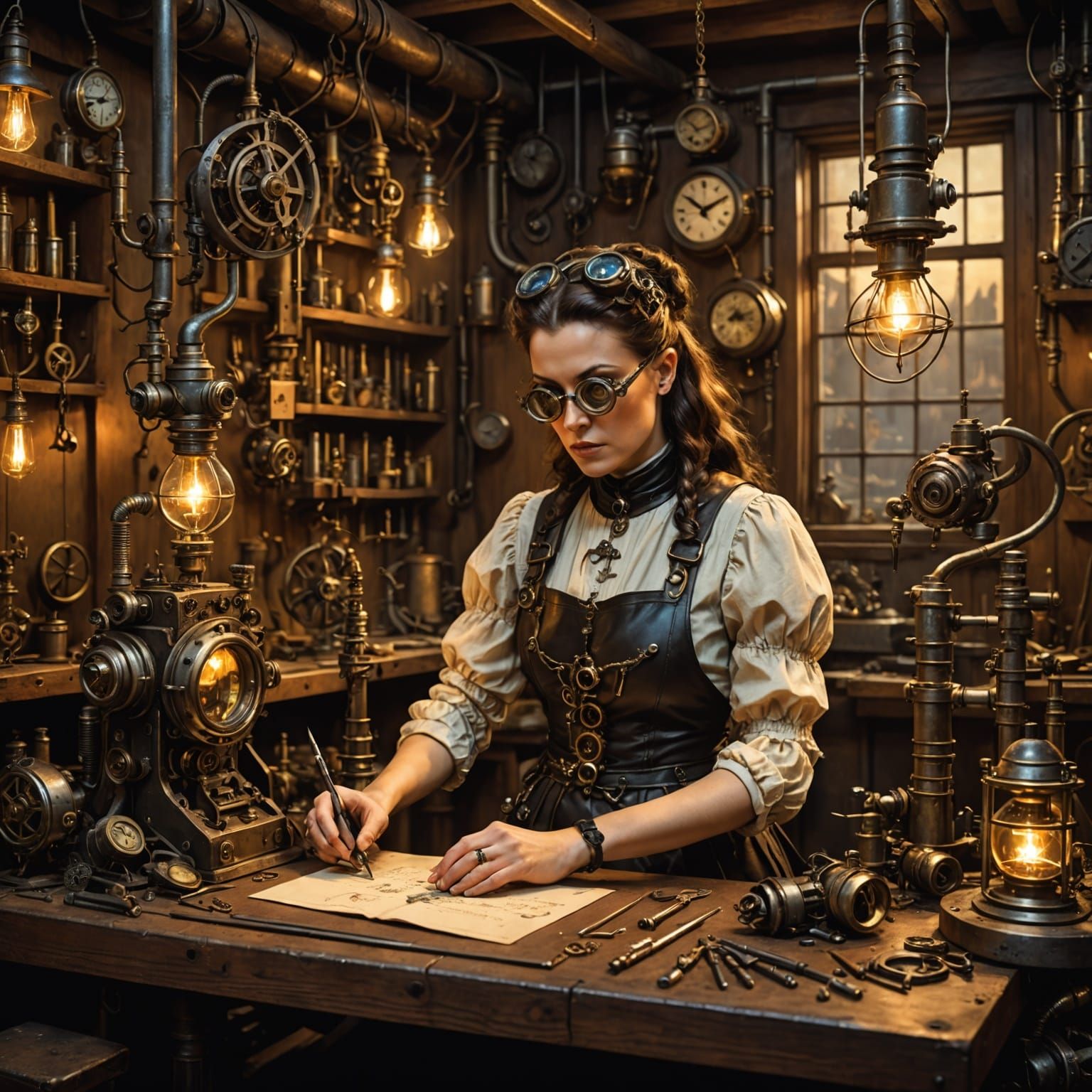 Steampunk Artificer Tinkers with Clockwork Hummingbird in Wh...