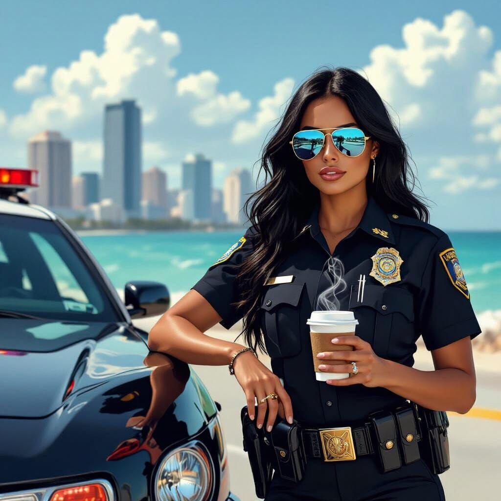Latina Police Officer in Miami, Hyperrealistic Style
