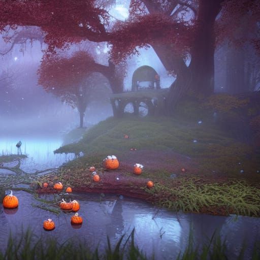 Enchanted Forest: Lake, Mushrooms, Pumpkins in Snow