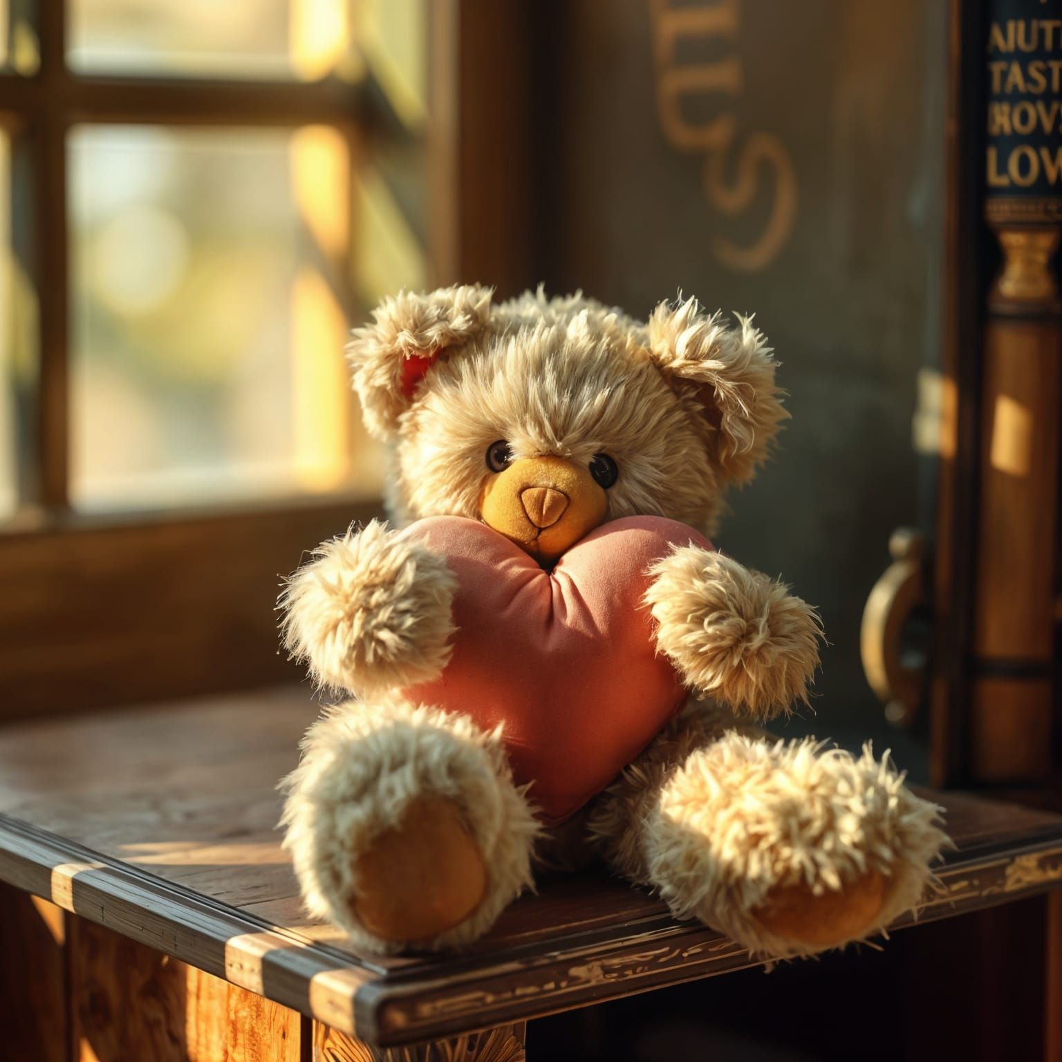 Perched on a bookshelf, worn Teddy Bear clutches a small hea...