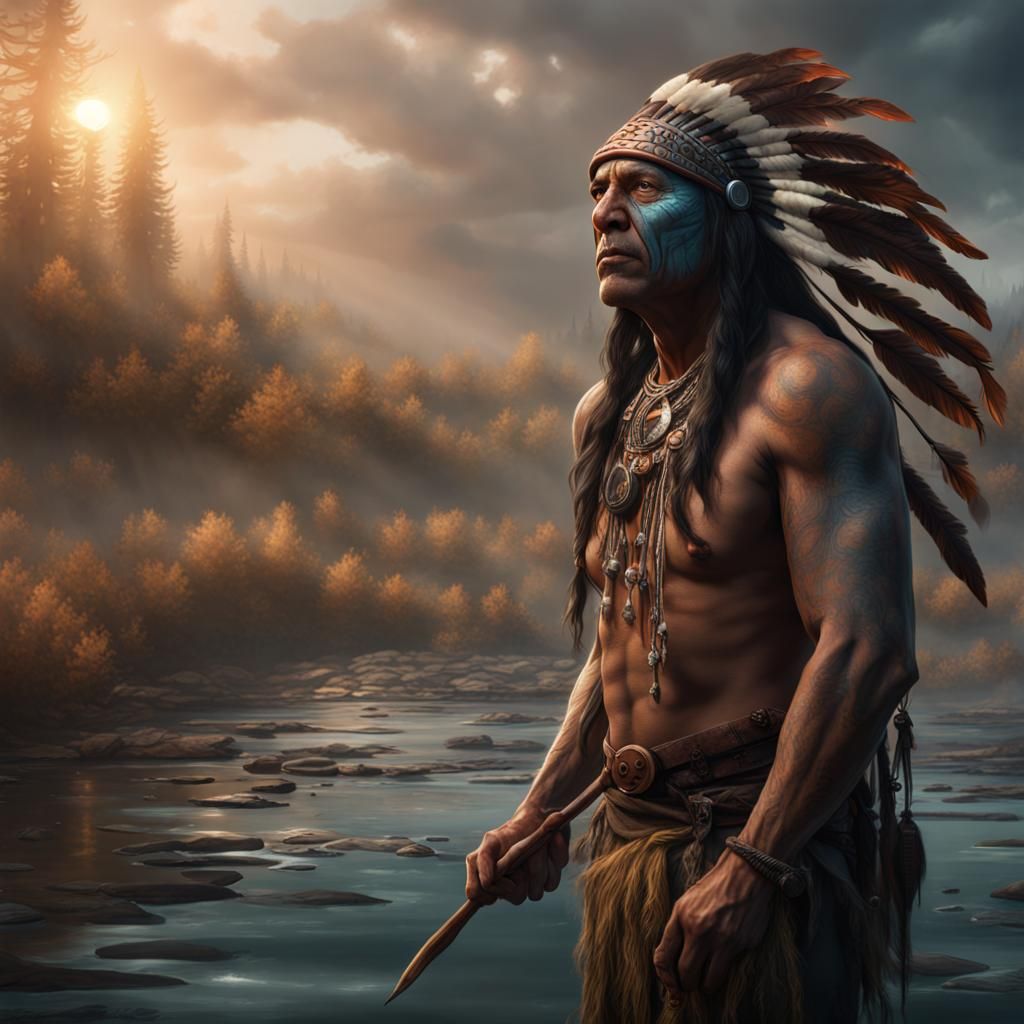 Native American Haunts a Fish: Detailed Matte Painting
