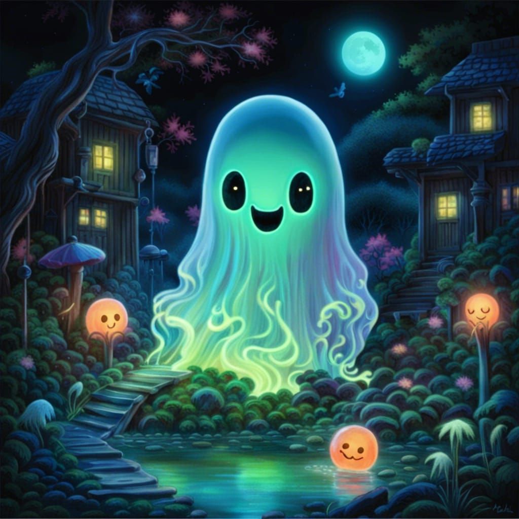 Cute Cuddly Ghost in Bioluminescent Dreamscape
