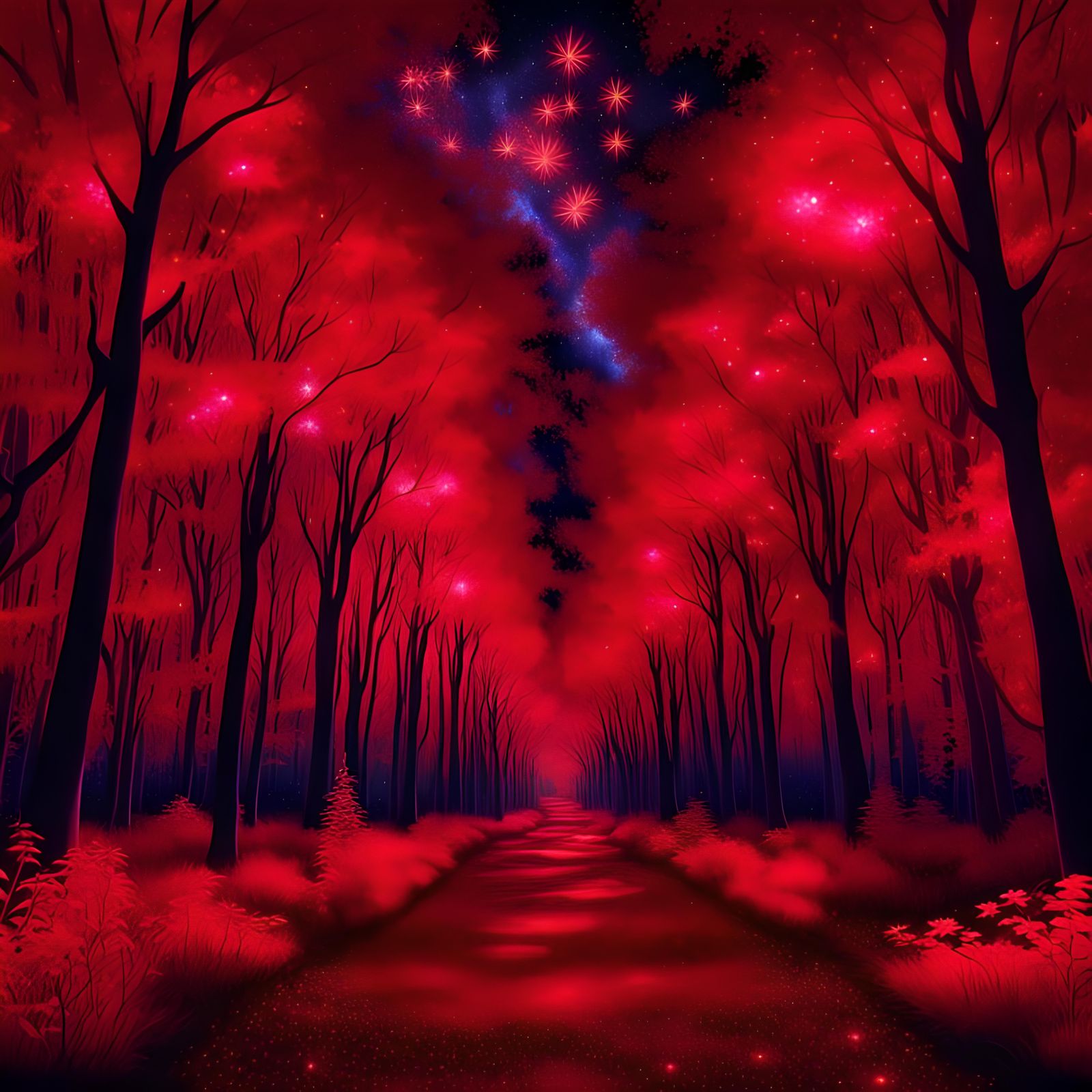 Path through Whimsical Red Fantasy enchanted forest,