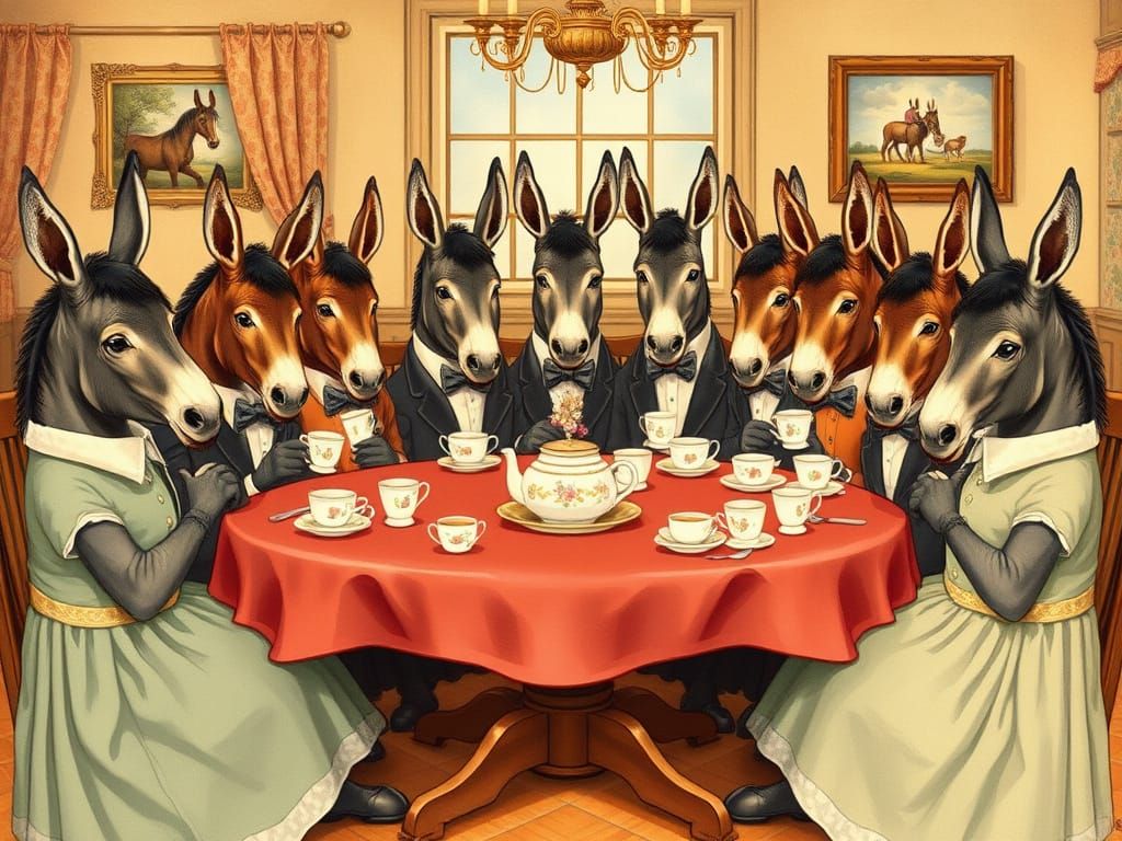 Donkeys' Tea Party in Whimsical Illustrative Style