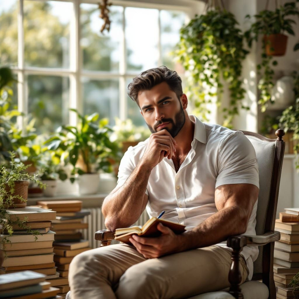 Muscular Man as The Thinker in Cozy Morning Light