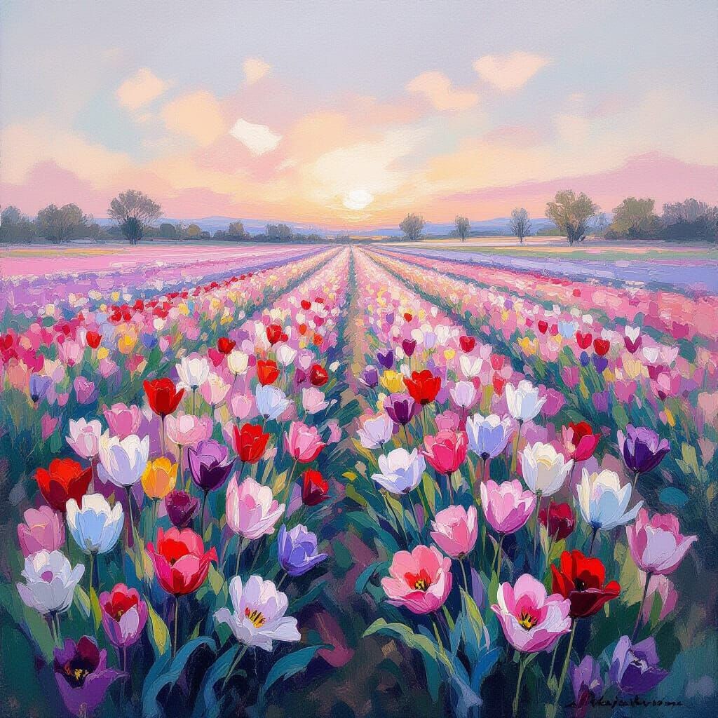 Impressionistic Tulip Field at Sunset