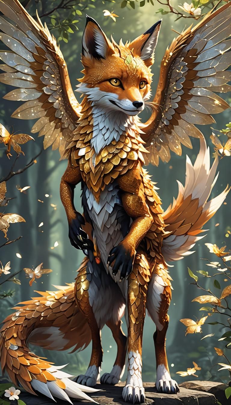 Scaled Fox with Dragon Wings: 3D Anime Art