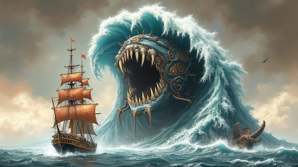 Steampunk Ship vs. Anglerfish Wave in Syd Mead Style