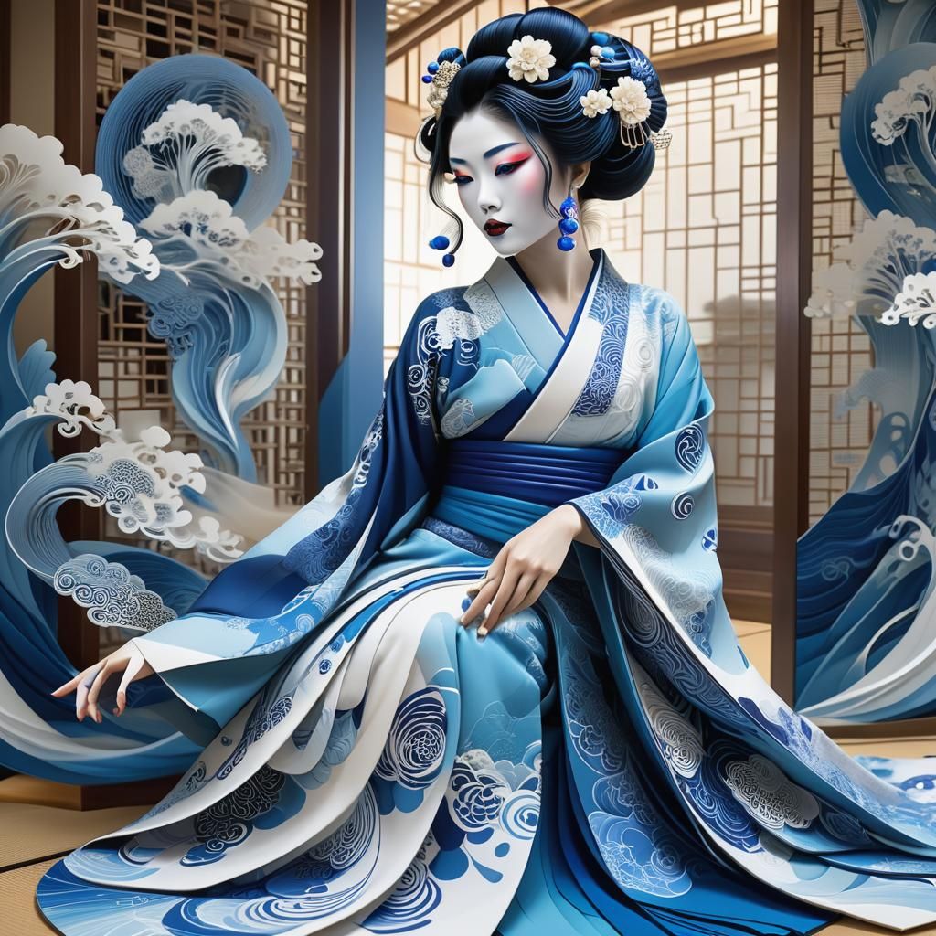 Blue Geisha with Fractal Patterns in Vector Art