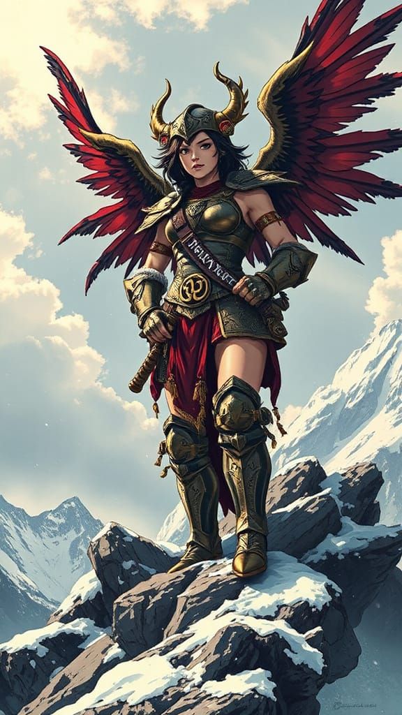Muscular Valkyrie on Mountain Peak in Anime Style