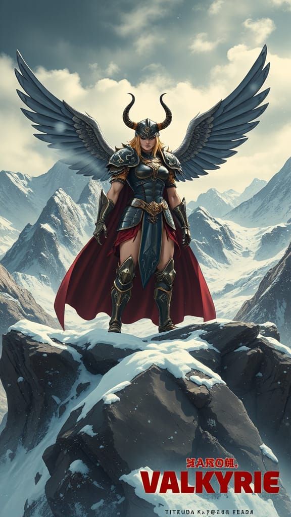 Muscular Valkyrie on Mountain Peak in Anime Style