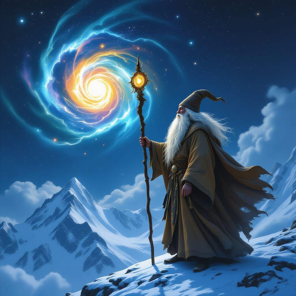 A wizened old wizard with a long, flowing white beard, standing atop a snow-capped mountain peak, gazing at a swirling v...