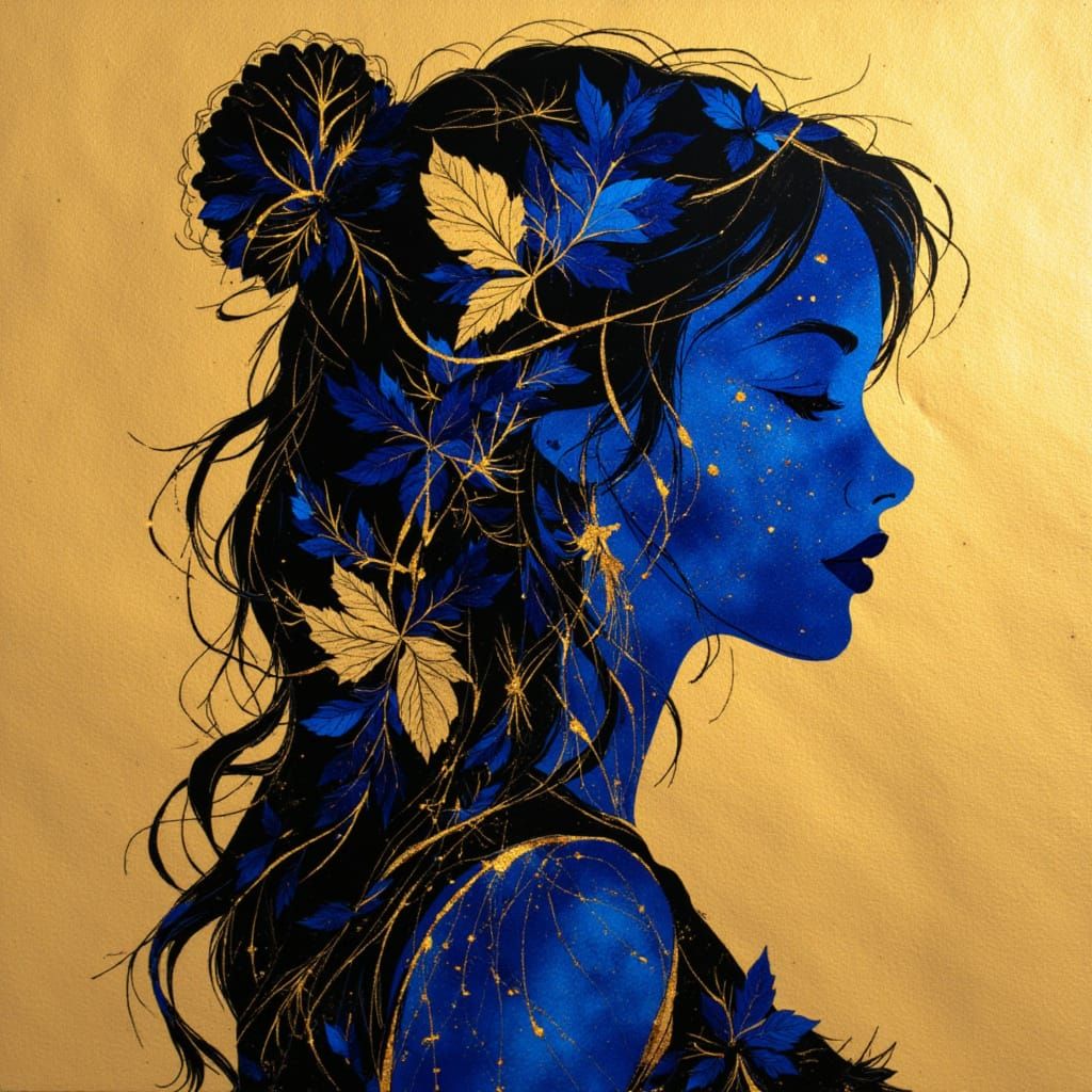 Silhouette Portrait of a Woman with Black Ink and Gold Foil