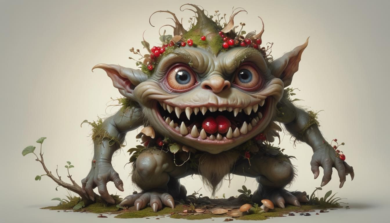 Cute Forest Troll with Mushrooms in Digital Art Style