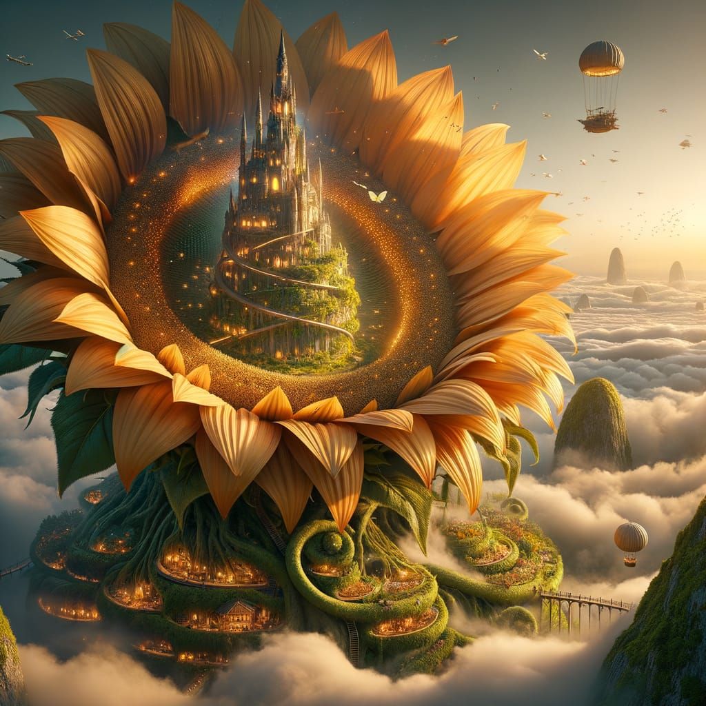 Colossal Sunflower Castle Above Clouds, Hyperrealistic Fanta...