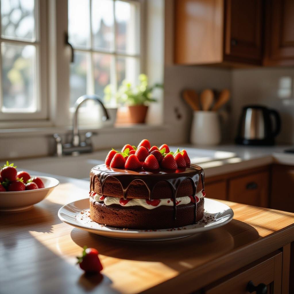 Chocolate Strawberry Cake in Morning Light