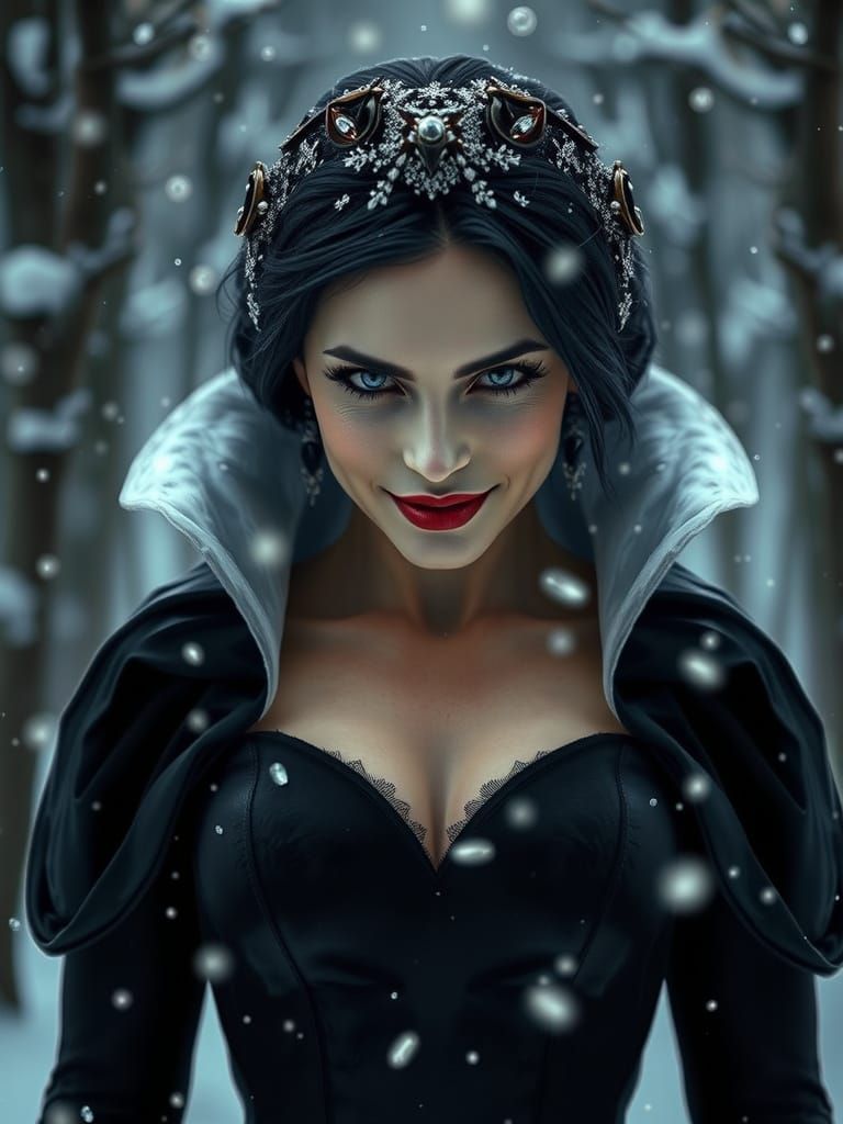 Evil Snow White in Winter Forest: Hyperrealistic Style