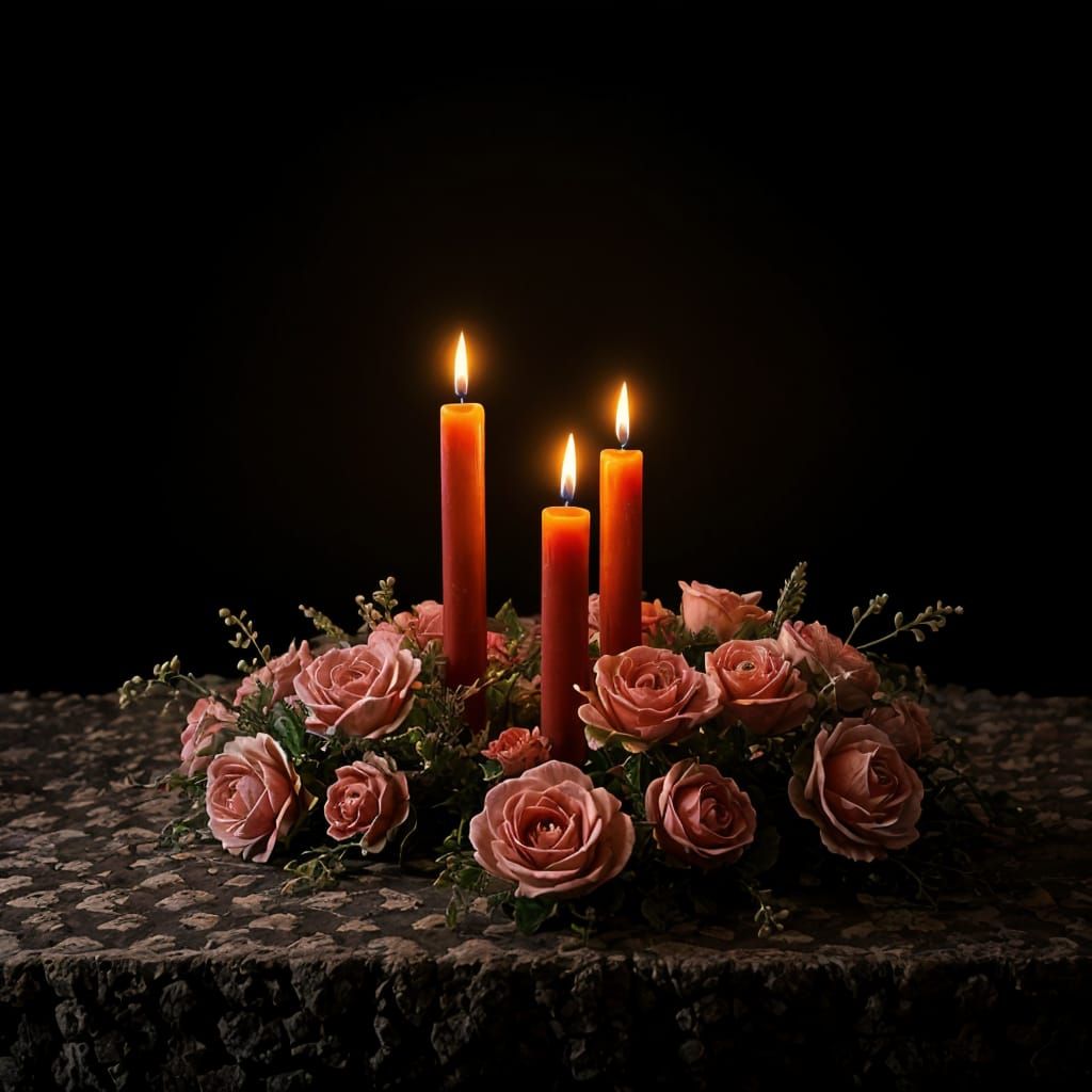 Red Candles and Berries Still Life, Dark Background